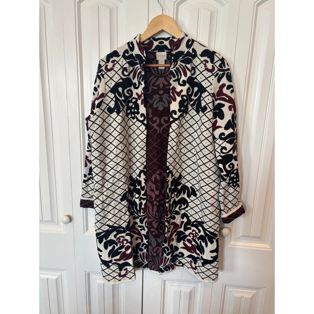 Chico's White And Burgudy Sweater Cardigan Size 1 (Size Medium)